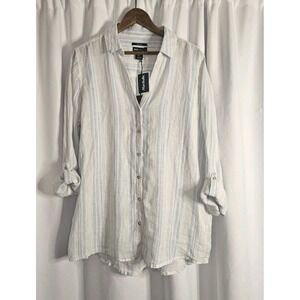 NEW JNY 100% Linen Jones New York White Blue Striped Button Down Roll Tab Large